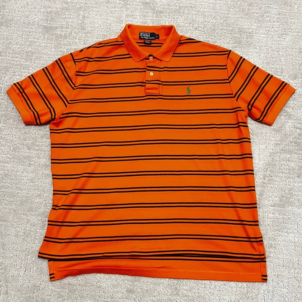 Polo Ralph Lauren Mens Large Orange Navy Blue Striped‎ Short Sleeve Polo Shirt L